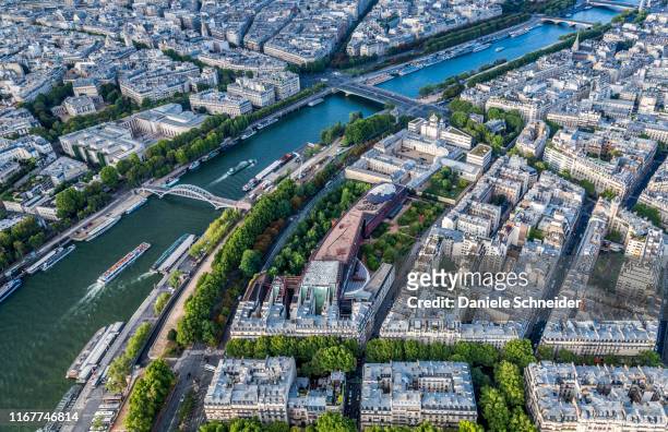 france, 7th and 16th arrondissements of paris, view from the eiffel tower (palais galliera, palais de tokyo, musee du quai branly, holy trinity orthodox cathedral, seine river, passerelle debilly, pont de l'alma) - paris island stock pictures, royalty-free photos & images