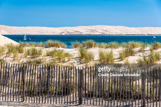 france, gironde, arcachon bay, pointe du cap-ferret, beach closed by a barrier (barriere girondine), and view on the dune of pilat - arcachon stock-fotos und bilder