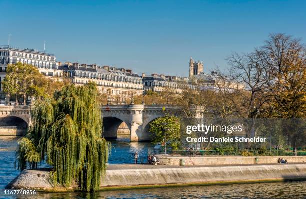 france, paris, 1st arrondissement, the pont neuf on the seine river and square of the vert galant at the tip of l'le de la cite, quai de la megisserie and the tour saint-jacques in the background - le tour de france stock pictures, royalty-free photos & images