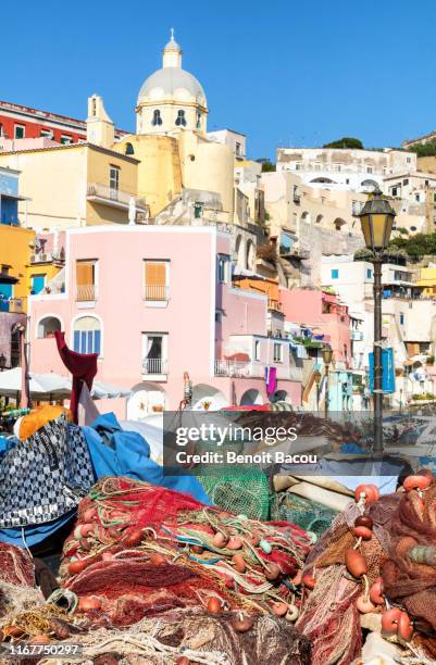 view of procida harbor and village, gulf of naples, campania region, italy - amalfi stock pictures, royalty-free photos & images