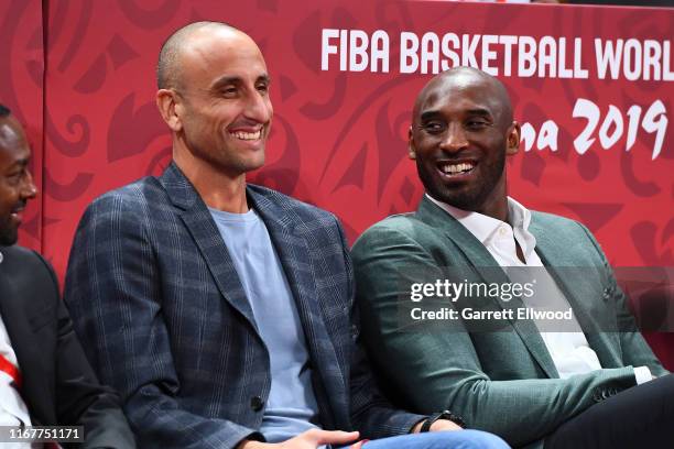 Manu Ginobili, Kobe Bryant are seen at the game between Spain and Australia during the 2019 FIBA World Cup Semi-Finals at the Wukesong Sport Arena on...