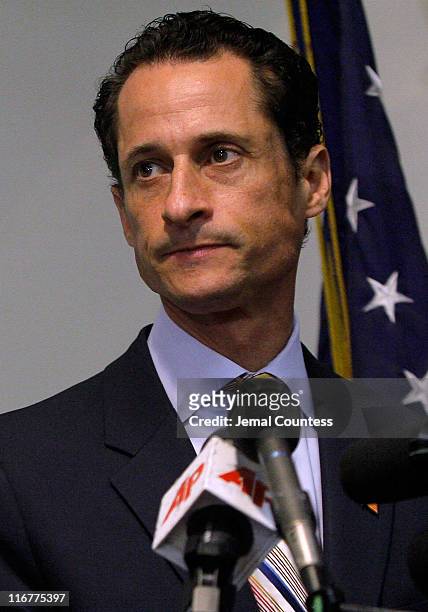 Rep. Anthony Weiner announces his resignation on June 16, 2011 at the Council Center for Senior Citizens in the Brooklyn borough of New York City....