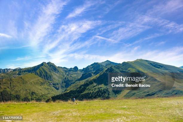 landscape, view of the slopes and mountains around the ski resort guzet-snow in summer. couserans-pyrenees, ustou valley, ariege, occitanie, france - midirock stock pictures, royalty-free photos & images
