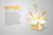 Isolated open box with gold ribbons and confetti splash on white background. Holidays vector illustration with empty space for text.