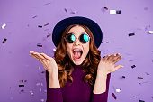 Close up photo of lovely vintage student shouting isolated over purple background