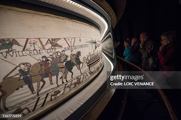 People look at the "Bayeux tapestry" or "Queen Mathilde tapestry" which relates England's conquest by William the Conqueror in 1066, in Bayeux,...
