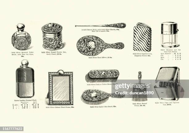 victorian personal accessories, combs, hairbrush, cigarette case, mirror - cigarette case stock illustrations