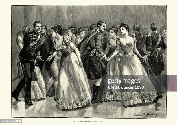 viktorianischen neujahrsball, tanzen der damenkette, 19. jahrhundert - 19th century couple stock-grafiken, -clipart, -cartoons und -symbole
