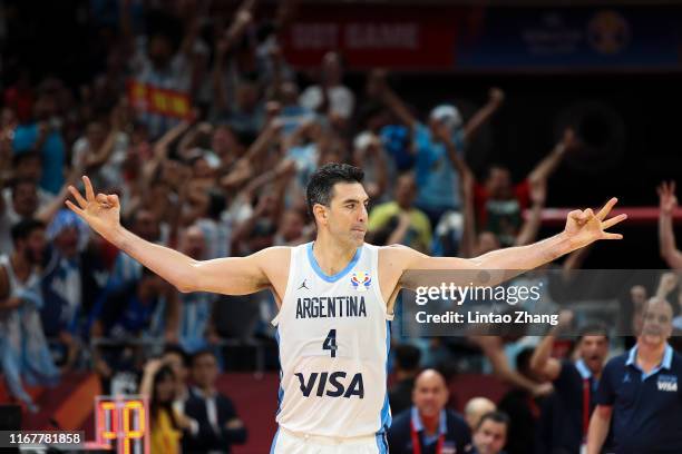 Luis Scola of Argentina celebrates after scoring three points during the semi-finals of 2019 FIBA World Cup at Beijing Wukesong Sport Arena on...