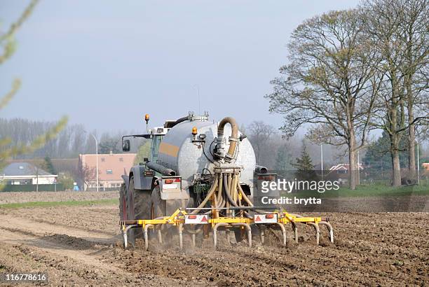 agricultural machinery fertilizing the field with manure in springtime - ontlasting van dieren stockfoto's en -beelden