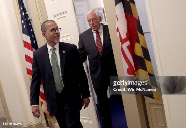 House Majority Leader Rep. Steny Hoyer and Rep. Anthony Brown walk from Hoyer's office to a a press conference calling for gun reform legislation at...