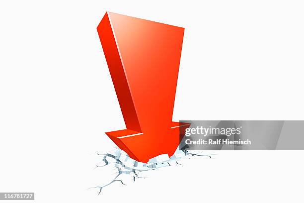 a fallen red arrow sinking into cracked concrete - moving down stock illustrations