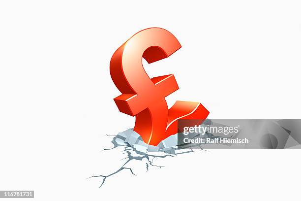 a fallen pound symbol sinking in cracked concrete - pound stock illustrations