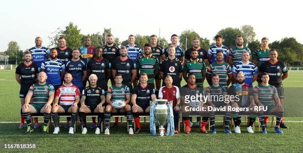 The England Rugby World Cup Squad pose for a picture wearing their Gallagher Premiership Rugby shirts Back Row Jonathan Joseph of Bath Rugby, Jamie...