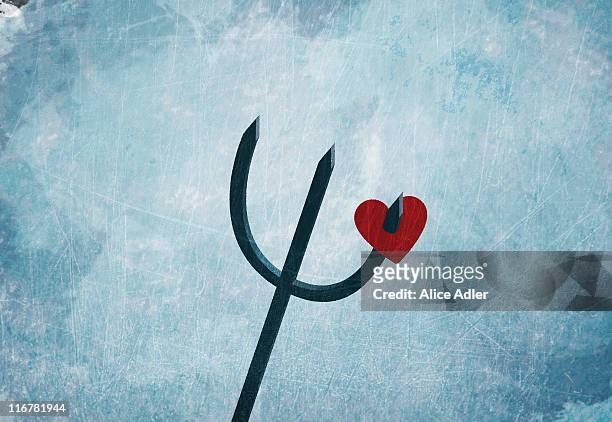 a heart on a pitchfork - pitchfork agricultural equipment stock illustrations