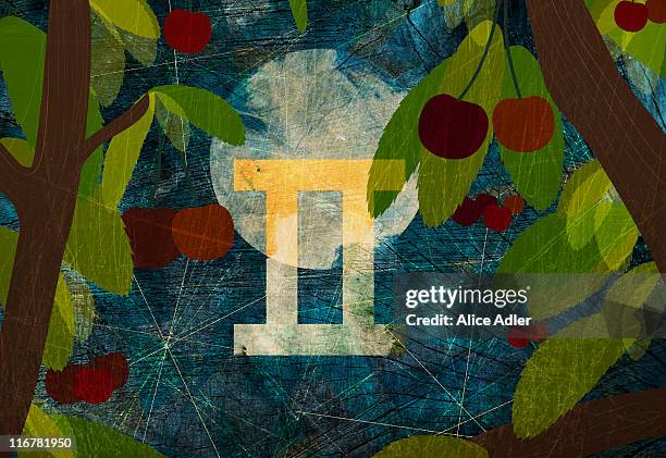 astrological sign of gemini with cherry trees and the moon - gemini stock illustrations