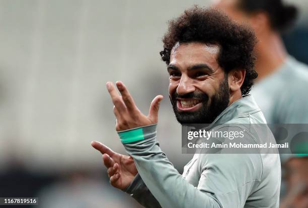 Mohamed Salah of Liverpool in action during a Liverpool training session ahead of the UEFA Super Cup Final between Liverpool and Chelsea at the...