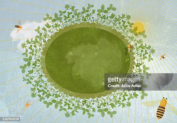 the sun, bees flying and grass growing on an oval - ecosystem stock illustrations