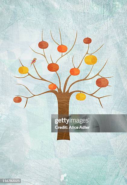 a bird in an apple tree with no leaves - strange fruit stock illustrations