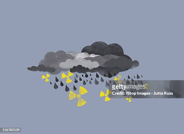 ilustrações, clipart, desenhos animados e ícones de grey clouds raining drops of water and radioactive symbols - poluição do ar