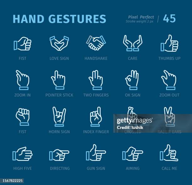 hand gestures - outline icons with captions - hand pulling isolated stock illustrations