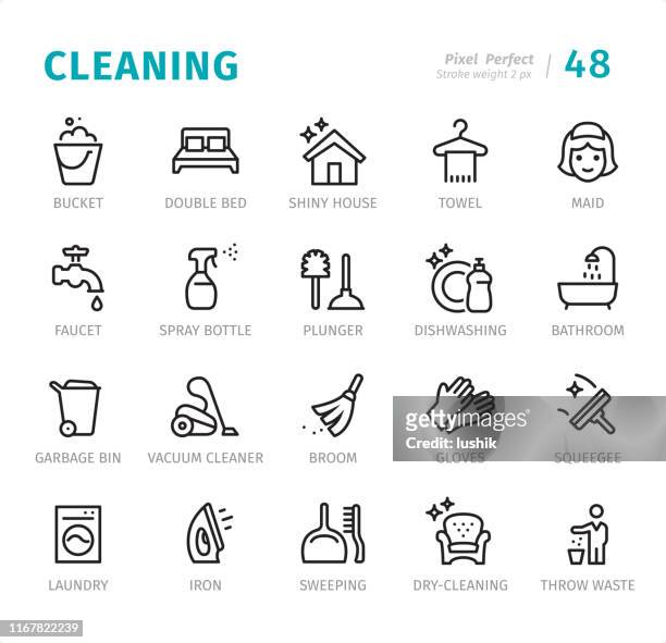 cleaning - pixel perfect line icons with captions - broom vector stock illustrations