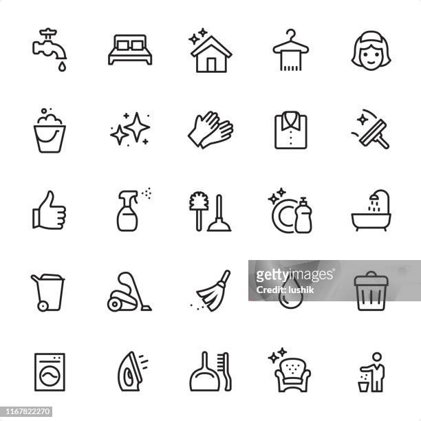 household and cleaning - outline icon set - plunger stock illustrations