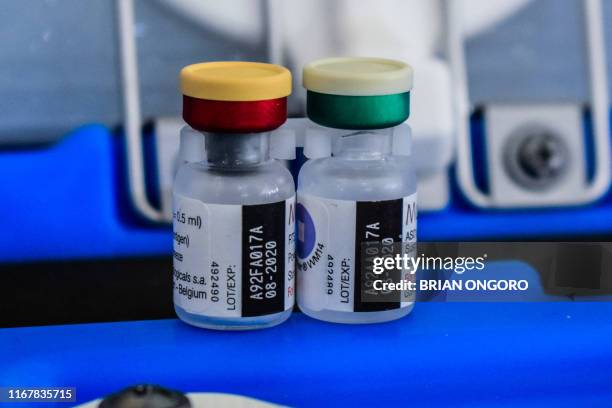 Picture taken on September 13, 2019 in Ndhiwa, Homabay County, western Kenya shows the new malaria vaccine. The vaccine is the world's first malaria...