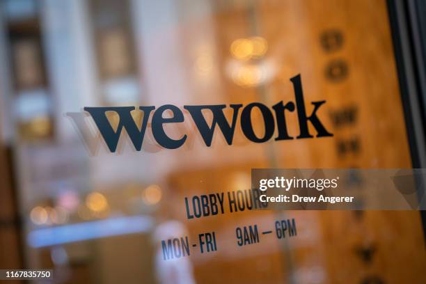 WeWork office facility stands in the Financial District in New York City on September 13, 2019. WeWork has chosen to list their IPO on the Nasdaq...