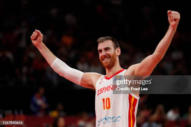 Victor Claver of Spain celebrate after their team's win against Australia during the semi-finals of 2019 FIBA World Cup match between Spain and...