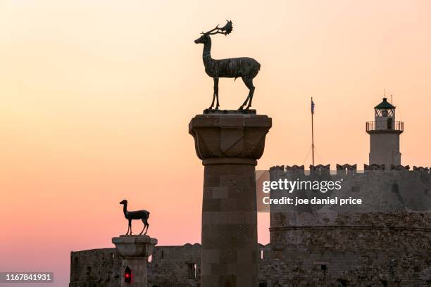 sunrise, hirschkuh statue, rhodes, greece - insel rhodos inselgruppe dodekanes stock-fotos und bilder