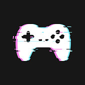 Glitched icon of gamepad vector illustration. Isolated joystick with noise effects on dark background.