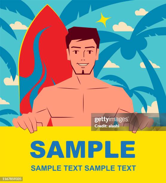 smiling handsome surfer with surfboard holding blank sign - hawaii travel poster stock illustrations