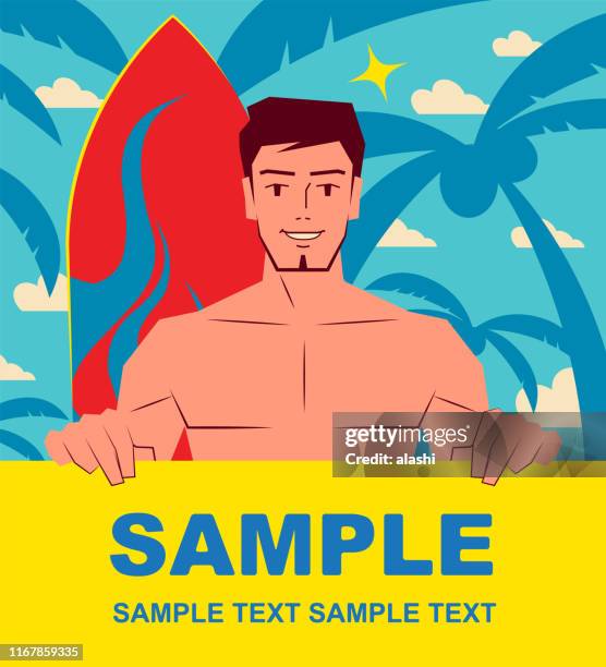 smiling handsome surfer with surfboard holding blank sign - australian portrait stock illustrations