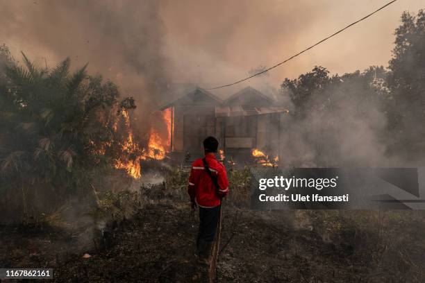 Firefighter prepare extinguish the fire on burned house and fields on September 13, 2019 in Pulang Pisau regency, Central Kalimantan, Indonesia....