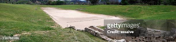 panoramic view from the stadium of ancient olympic games - ancient olympia greece stock pictures, royalty-free photos & images