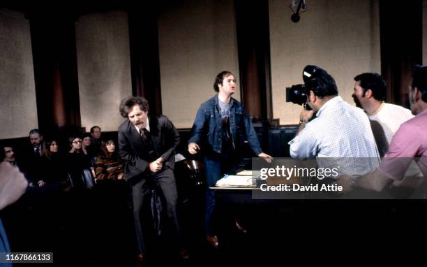 Actress Penny Marshall, actor George Segal, and actor Rob Reiner on the set of the movie Where's Poppa in May, 1970 in Long Island, New York.