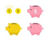 Piggy bank and coin icon set