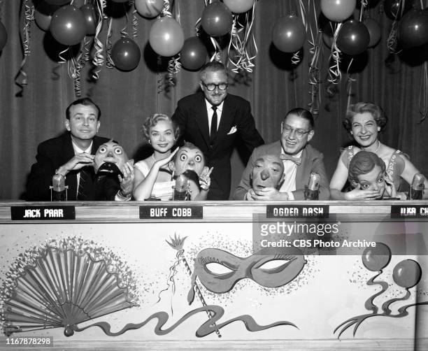 Masquerade Party, a CBS television game show. June 28, 1954. Celebrity panelists, Jack Paar, Buff Cobb, Ogden Nash, Ilka Chase, with host and emcee...