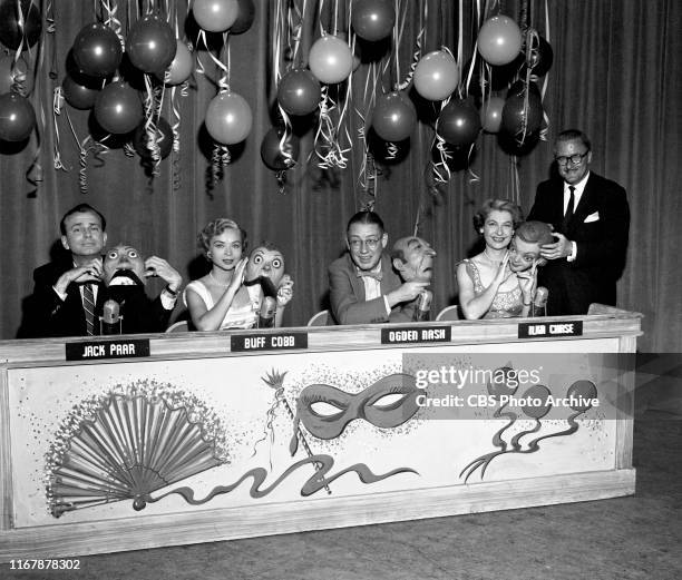 Masquerade Party, a CBS television game show. June 28, 1954. Celebrity panelists, Jack Paar, Buff Cobb, Ogden Nash, Ilka Chase, with host and emcee...