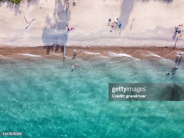 drone view of the beautiful blue water and sandy beaches of lake huron - michigan summer stock pictures, royalty-free photos & images