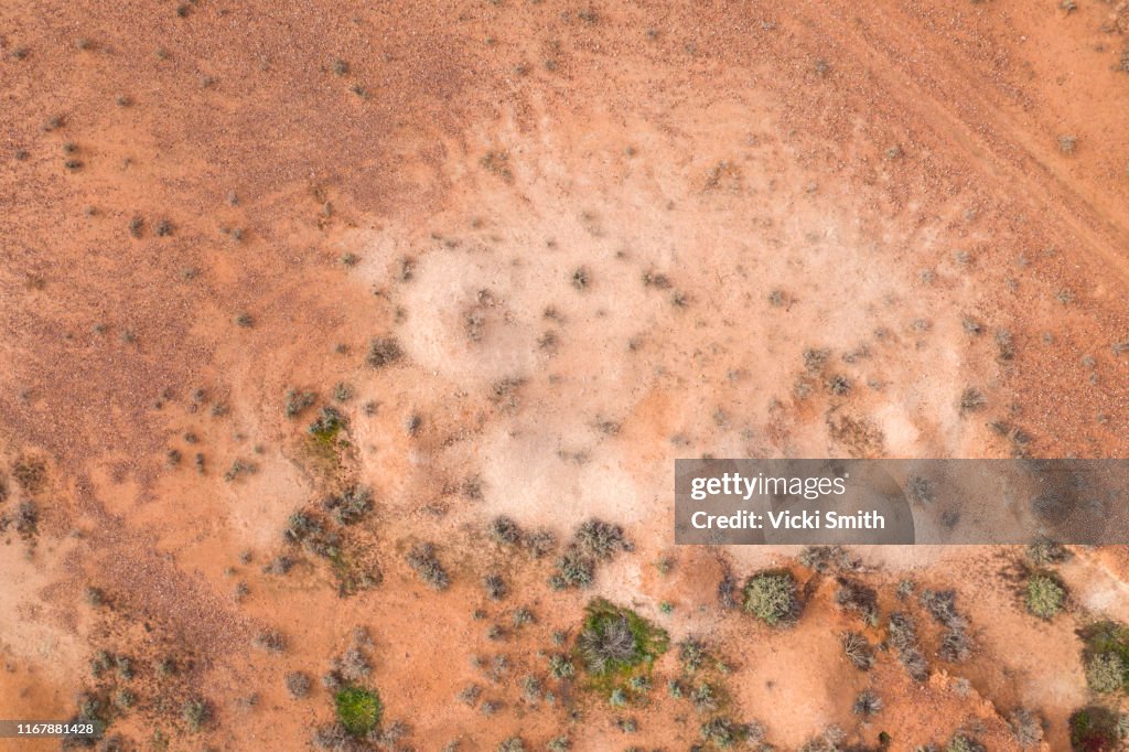 Aerial point of view over the red and white earth of the Australian Outback at White Cliffs New South Wales