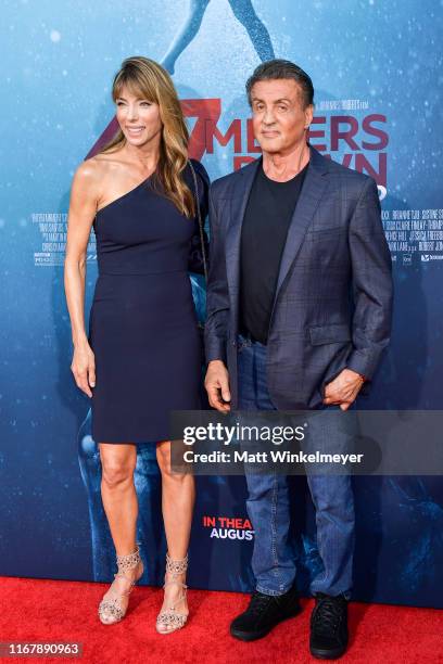 Sylvester Stallone and Jennifer Flavin attend the LA Premiere of Entertainment Studios' "47 Meters Down Uncaged" at Regency Village Theatre on August...