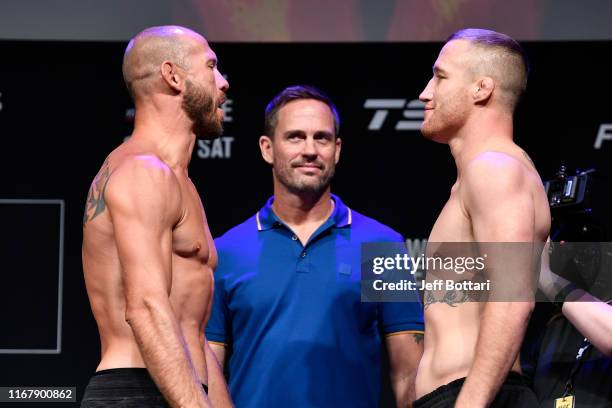 Donald Cerrone and Justin Gaethje face off during the UFC Fight Night weigh-in at Rogers Arena on September 13, 2019 in Vancouver, British Columbia,...