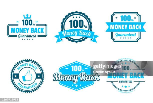 set of "money back" blue badges and labels - design elements - satisfaction stock illustrations