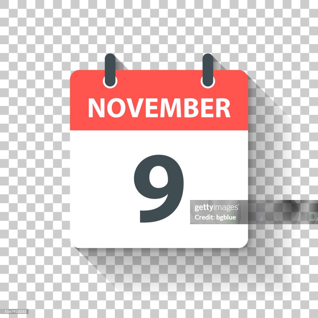 9 de noviembre - Icono de calendario diario en estilo de diseño plano