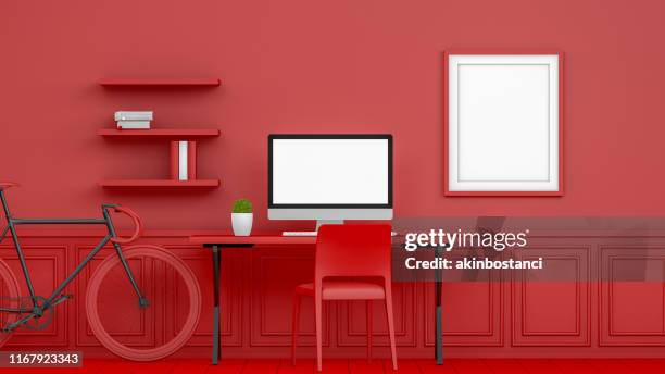 3d abstract workplace with blank screen monitor in modern interior, christmas concept, red background - red office chair stock pictures, royalty-free photos & images