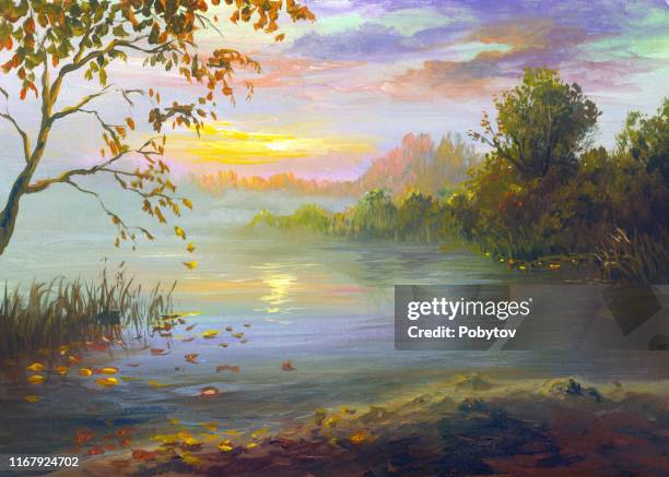 bildbanksillustrationer, clip art samt tecknat material och ikoner med reflektion av solnedgången i älven på en varm höstkväll, målning - målarduk