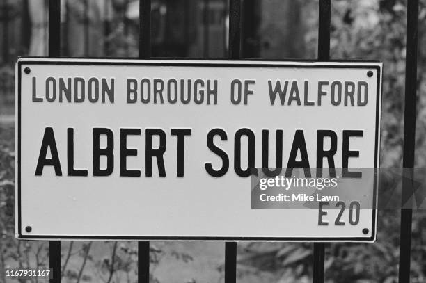 'Albert Square, London Borough of Walford' fictional sign and borough in in the BBC soap opera EastEnders, UK, 10th October 1984.