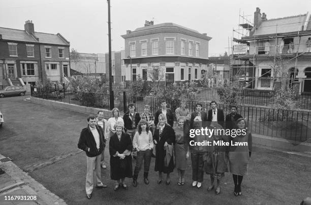 Cast members from television soap opera EastEnders together on the Albert Square set at Elstree Studios in Elstree, UK, 10th October 1984.